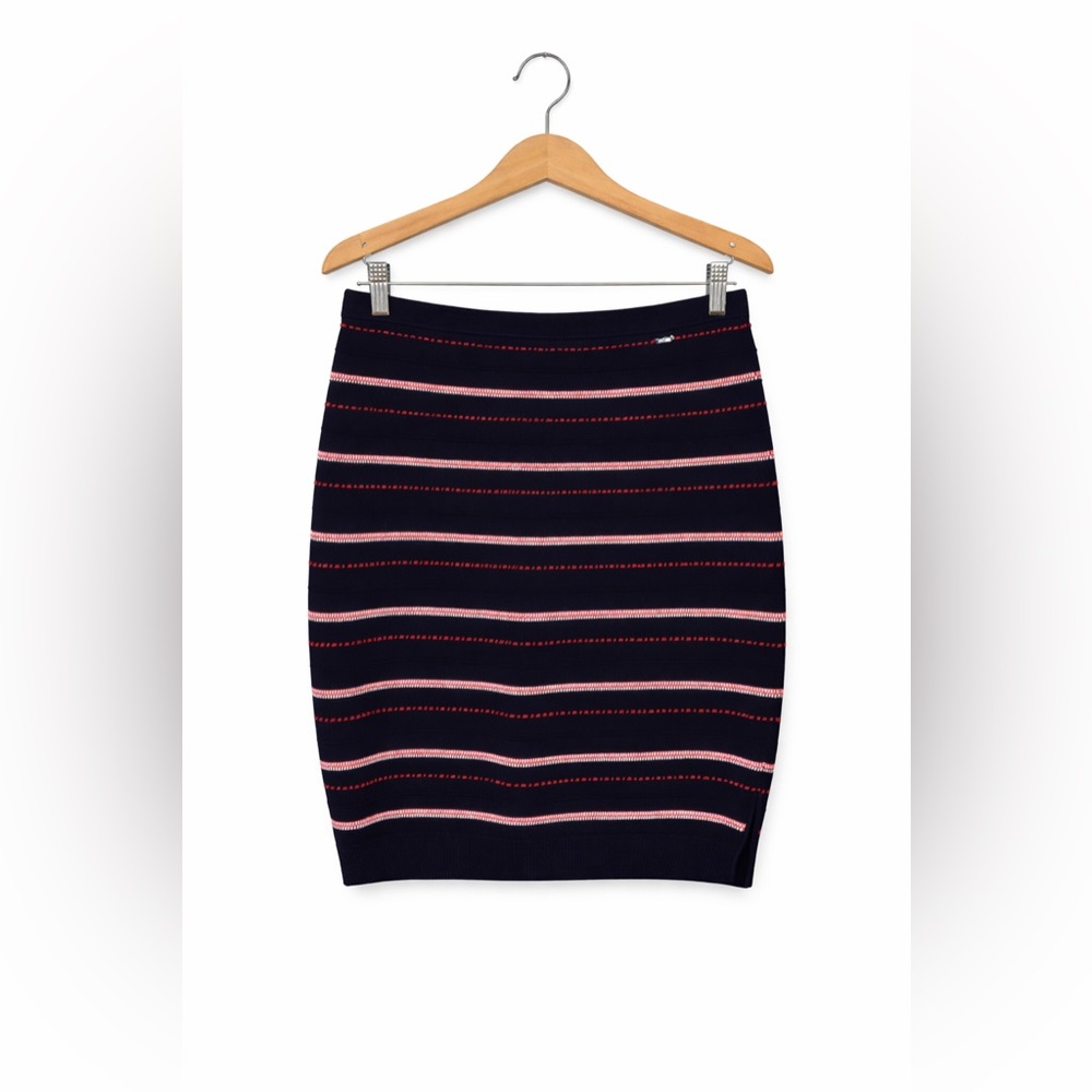 St. John Sport Knit Pencil Skirt Medium Navy Pink Stripe Designer Preppy Coastal